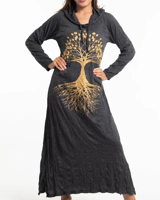 Super Sale Womens Tree of Life Long Hoodie Dress in Gold on Black