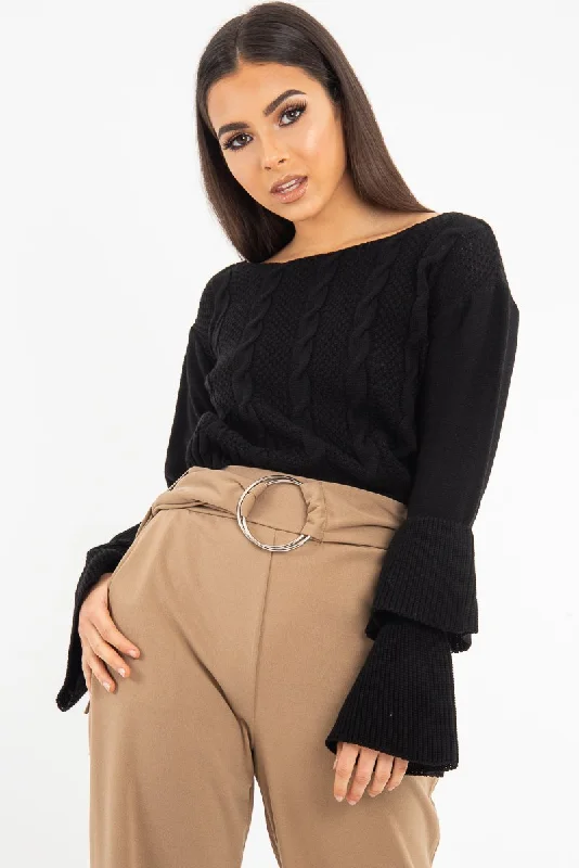 warm crewneck sweatshirtBlack Chunky Knit Sleeve Detail Jumper - Lillienne