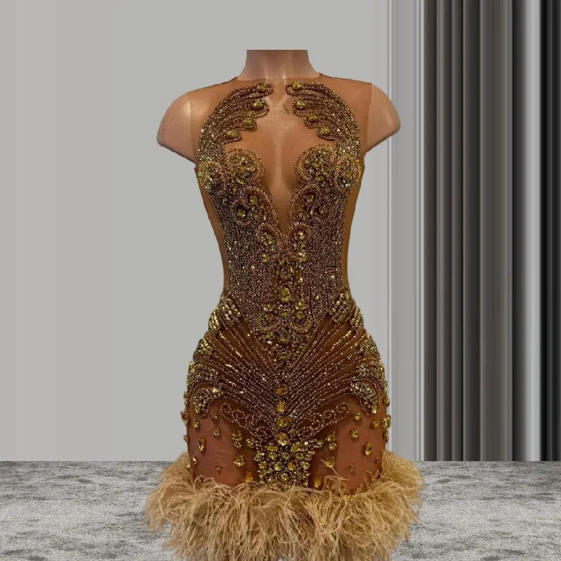 Special Savings trendy bodycon dressGold Luxury Short Prom Homecoming Dresses Sparkly Diamond Crystal Ostrich Feather Cocktail Birthday Gown vestidos de graduación