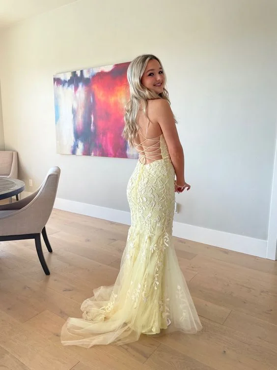 Savings Alert floral dressElegant Yellow Backless Lace Prom Dress,Yellow Formal Gown Y7074