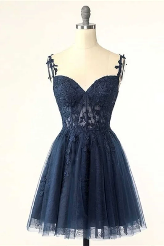 summer dressSweetheart Navy Blue Appliques A-line Short Homecoming Dress