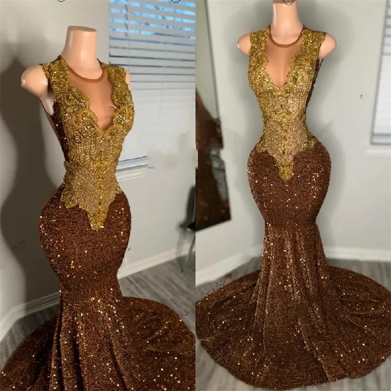 vintage-inspired dressBrown Sheer O Neck Long Prom Dress For Black Girls Beaded Crystal Rhinestone Birthday Party Dresses Sequined Evening Gowns