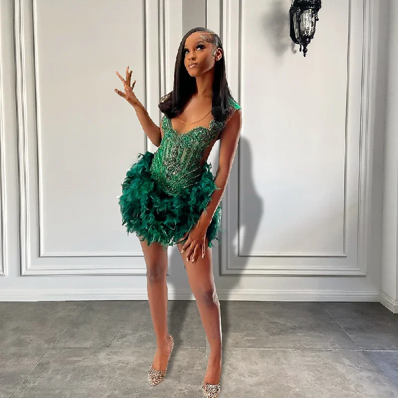 Final Clearance boho-chic dressLuxury Beaded Diamond Women Cocktail Dress Black Girl Dark Green Feather Short Prom Dresses For Birthday Party
