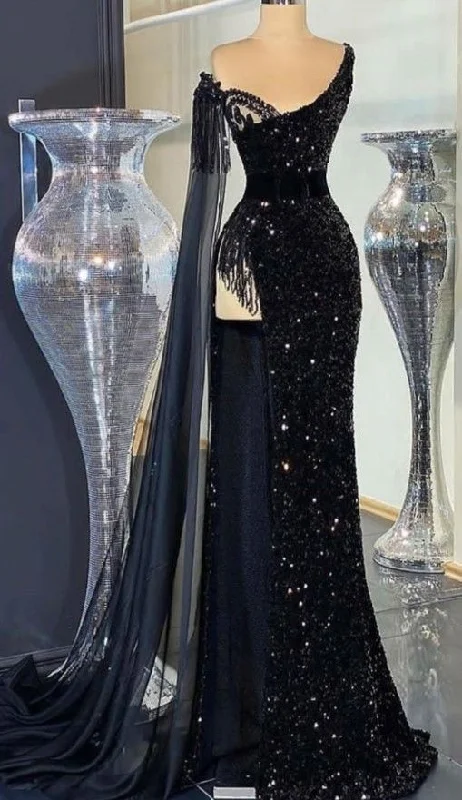 casual midi dressGorgeous Black Sequins Evening Dress Beaded Tassel Slit Long Prom Dress Y7650