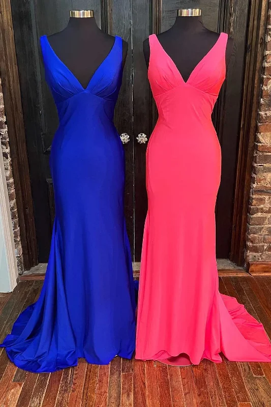 elegant maxi dressRoyal Blue V-Neck Open Back Mermaid Long Prom Dress