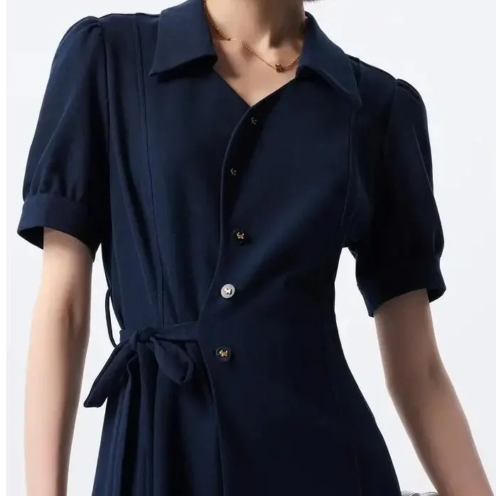 sleek midi dressElegant Navy Dress with Lace-Up Waistband