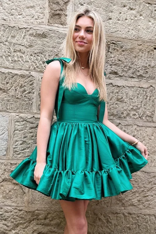 bodycon dressHunter Green A-line Ruffle Bow Tie Shoulder Homecoming Dress