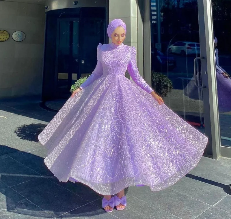 Steals and Deals ruffle dressLavender Muslim Evening Dresses Long Sleeves Sequined A-Line Formal Party Gowns Ankle Length Saudi Arabic Prom Dress Dubai