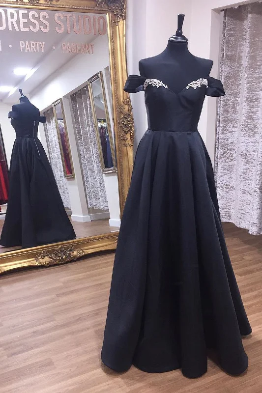 Final Markdown long sleeve dressOff Shoulder A-Line Black Long Prom Dress with Beading Top