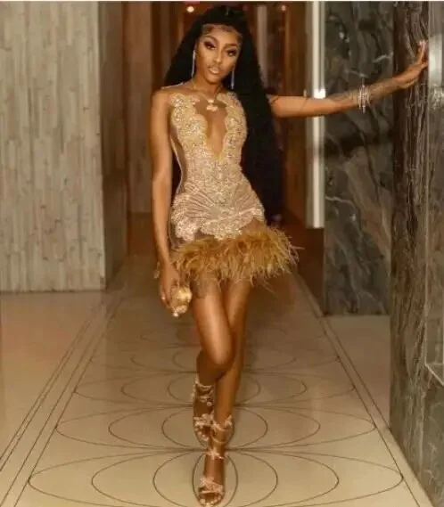 Steals and Deals structured dressFeather See Through Women Gold African Cocktail Dresses Beaded Birthday Party Gowns Short Black Girl Prom Dresses Homecoming