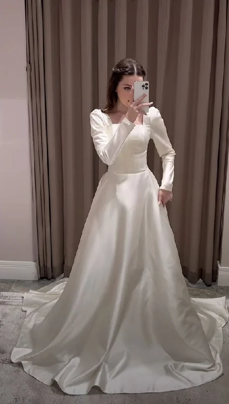 Get It Before It’s Gone shift dressModest A-line Square Neckline White Satin Wedding Dress Y6736 Get It Before It’s Gone shift dressModest A-line Square Neckline White Satin Wedding Dress Y6736
