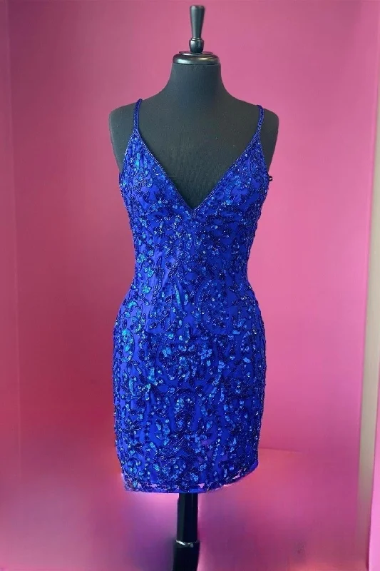 mini dressRoyal Blue Sequins Deep V Neck Straps Sheath Homcoming Dress