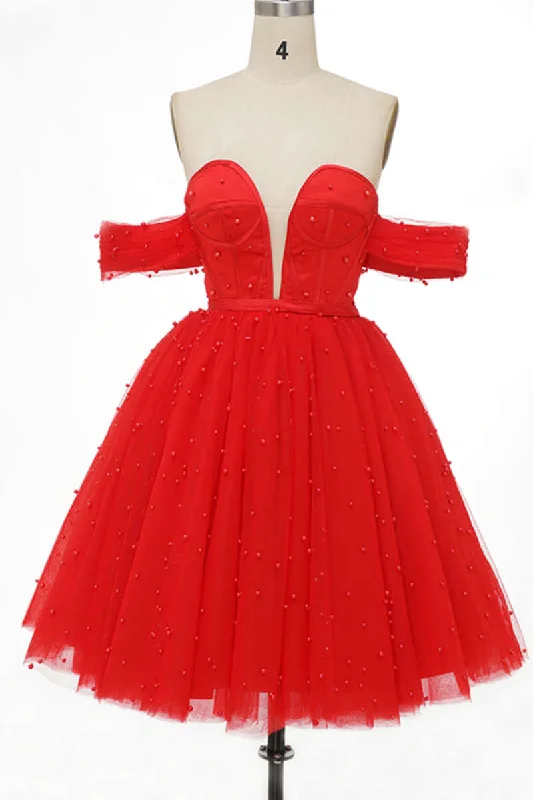 pleated maxi dressRed Off-the-Shoulder Bustier A-Line Short Homecoming Dress