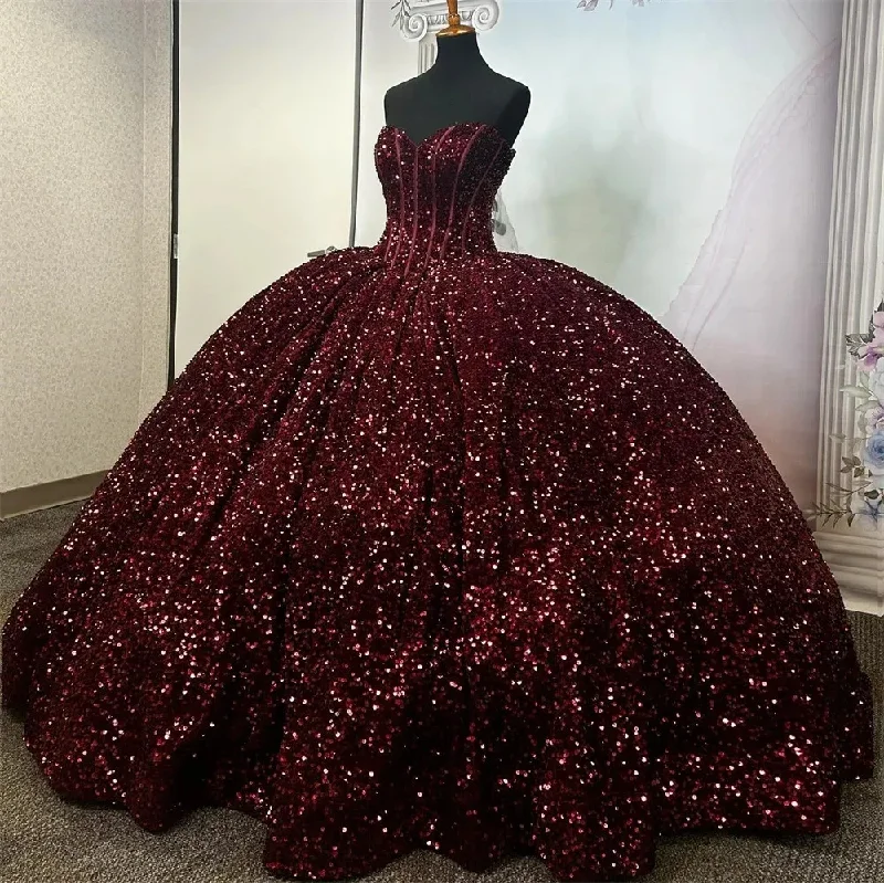 one-shoulder dressBurgundy Sequin Corset Quinceanera Dresses Ball Gown Sweetheart Princess Plus Size Prom Party Gowns For Sweet 16 Dresses ve