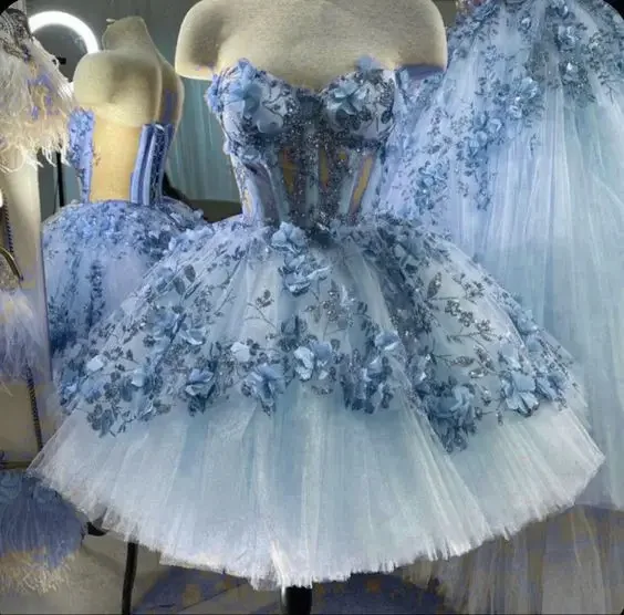 party-ready dressSky Blue Princess Short Prom Dresses Sweetheart 3D Floral Embroidery Lace-up Corset Puffy Evening Homecoming Dress obes de soiré