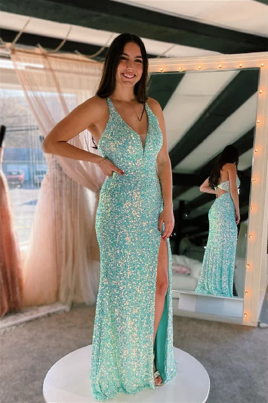 vintage-inspired dressBlue Mermaid V Neck Sequins Halter Cut-Out Long Prom Dress with Slit