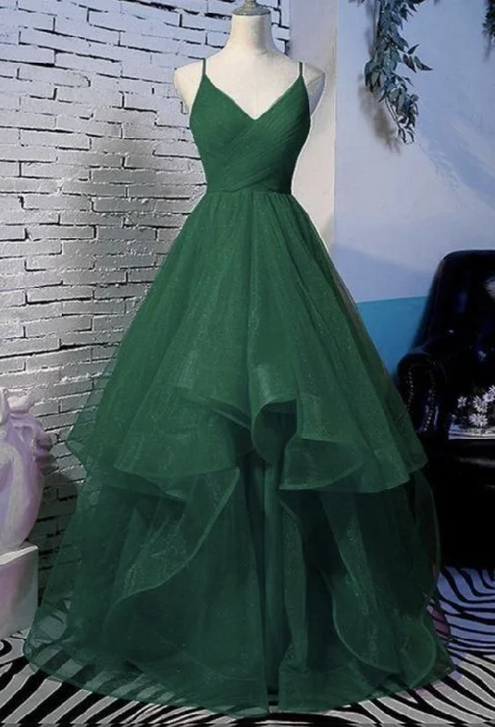 Seasonal Sale wrap-around dressGreen A-Line V-Neck Glitter Pleated Long Tulle Prom Dress/Evening Dress Y6440