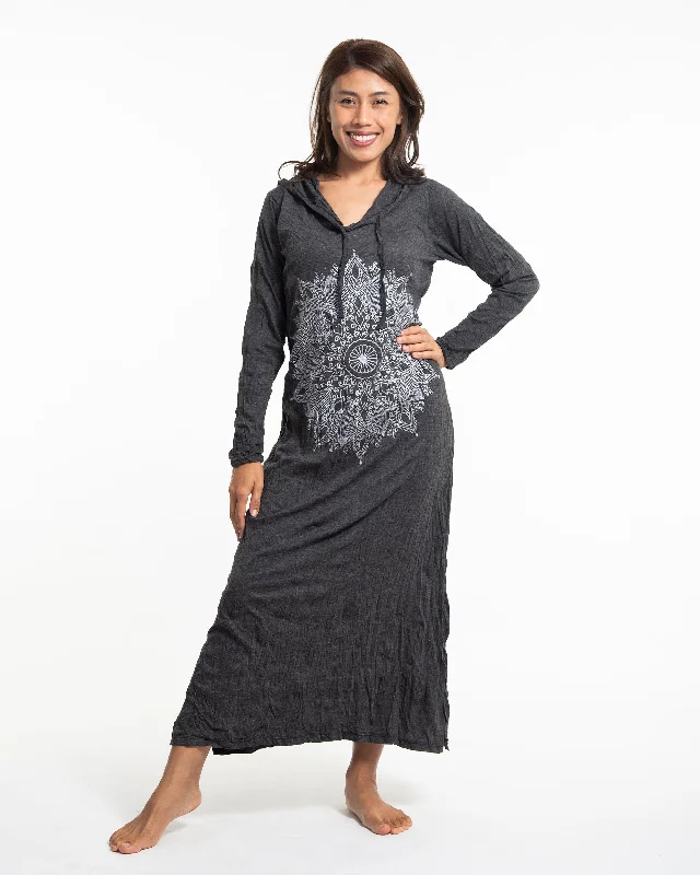 Special Discount Womens Lotus Mandala Long Hoodie Dress in Silver on Black