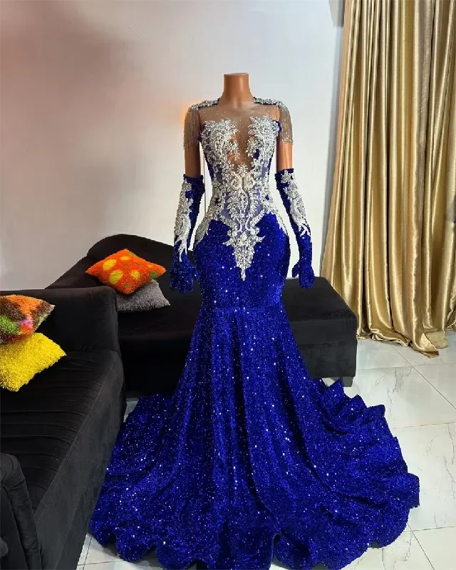 mini dressLuxury Royal Blue Sequin Mermaid Prom Dresses 2025 Crystal Beading Tassles With Gloves Mermaid African For Black Girl