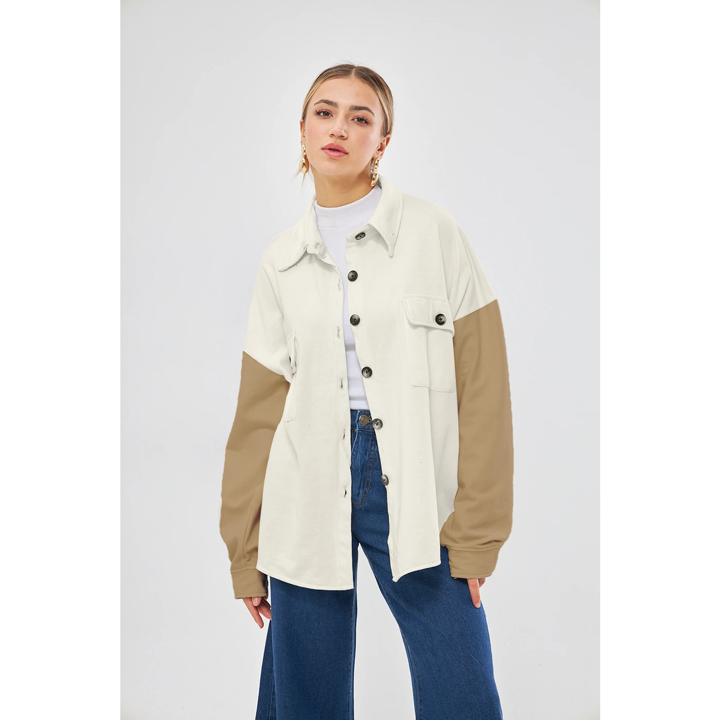 Low Prices warm athletic hoodieOff-White Contrast Sleeves Oversized Shacket