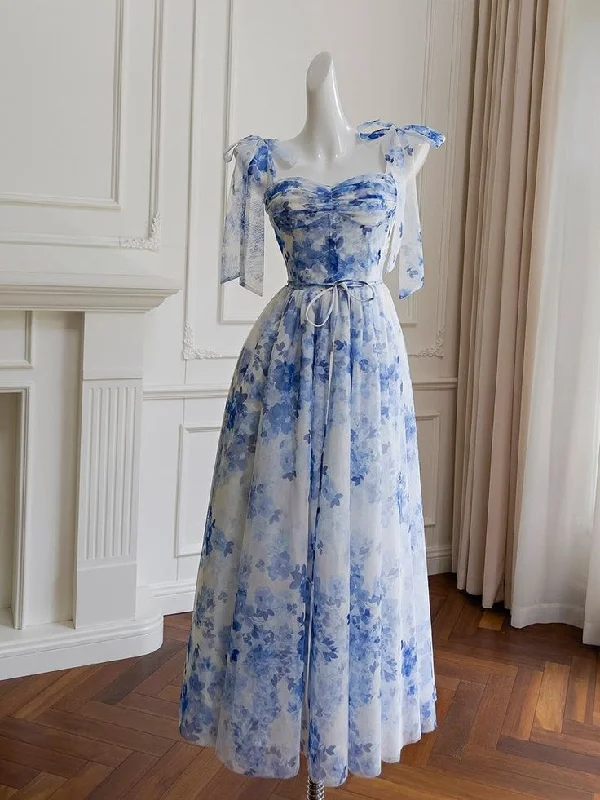 pleated maxi dressElegant Tulle Tie Shoulder Blue Floral Print Party Dress Y7618