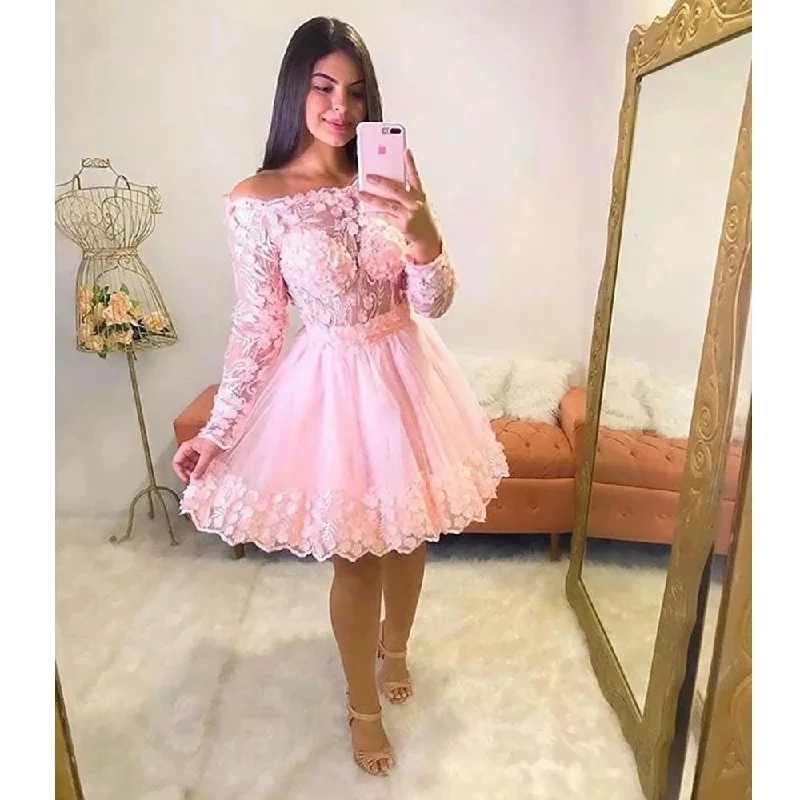 floral dressLong Sleeves Pink Short Homecoming Dresses Strapless Appliques 3D Flowers Prom Mini Party Graudation Cocktail Gowns