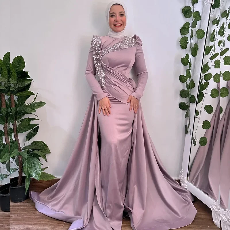 Customer Appreciation Sale summer dressDusty Pink Mermaid Evening Dresses with Overskirt Long Sleeves Sweep Train Pleats Sequined Beading Hijab Women robe de soirée Customer Appreciation Sale summer dressDusty Pink Mermaid Evening Dresses with Overskirt Long Sleeves Sweep Train Pleats Sequined Beading Hijab Women robe de soirée