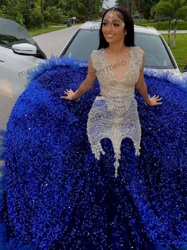 off-the-shoulder dressRoyal Blue Prom Dress Long Celebrity Shiny Crystal For Black Women Ruffles Beads