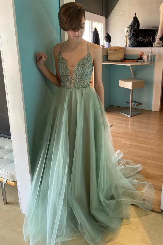 sophisticated dressDusty Sage Deep V Neck Appliques Lace-Up Tulle Long Prom Dress