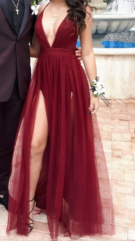 Deep Discounts oversized dressSexy Burgundy V Neck A-line Tulle Prom Dress,Senior Prom Gown Y7071
