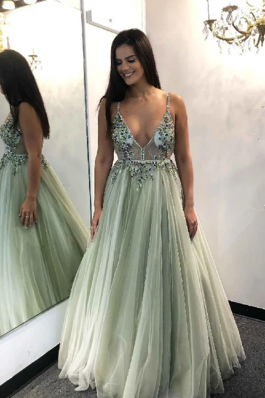 Quick Sale elegant evening dressA-Line Beaded Sage Green Tulle Prom Dress