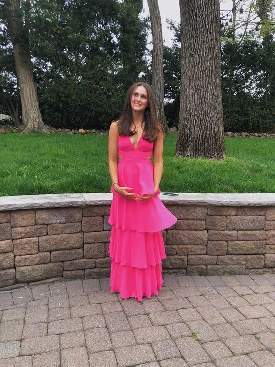 Reduced Prices textured dressElegant Hot Pink Tiered Prom Dress,Hot Pink Formal Gown Y7017