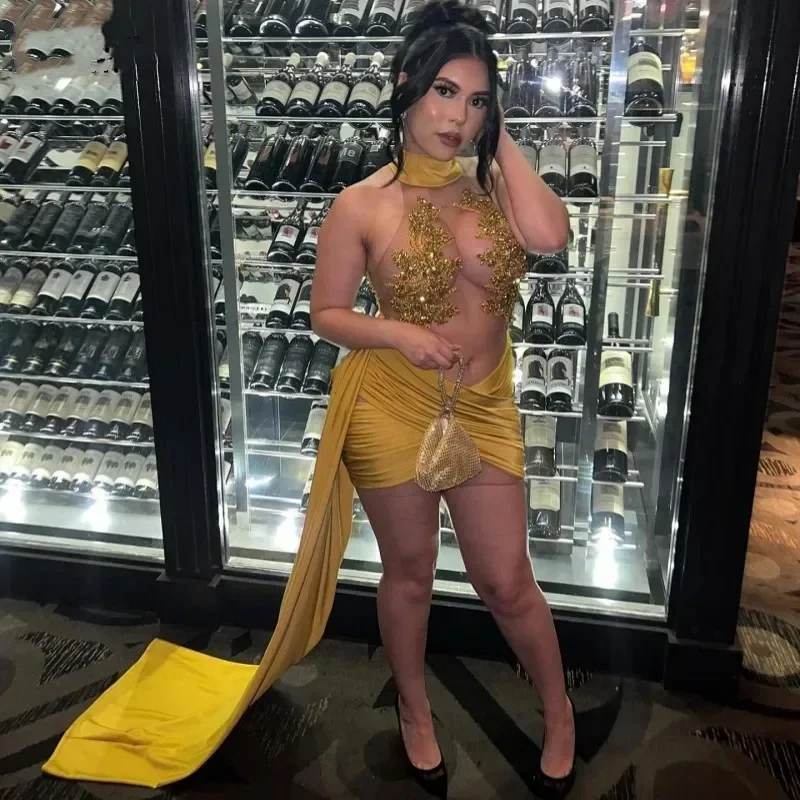 Markdown Madness draped dressYellow Satin Birthday Dresses For Women 2024 Rhinestone Beading Prom Gowns With Train See Through Mini Cocktail Dress