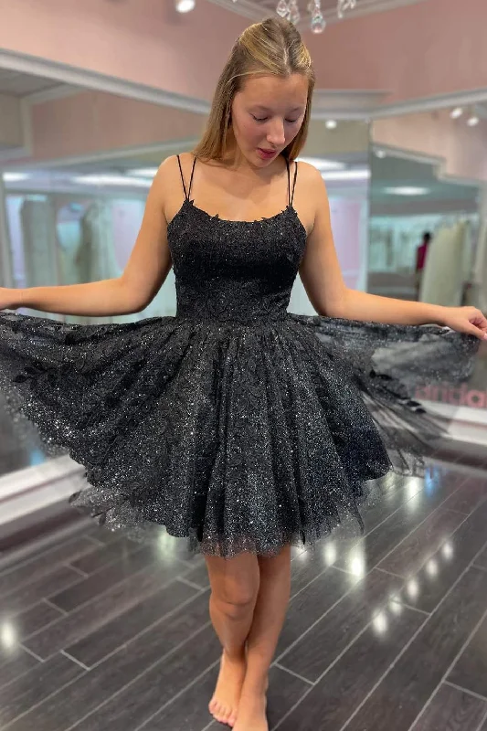 silk dressSparkly Black A-line Appliques Lace-Up Homecoming Dress