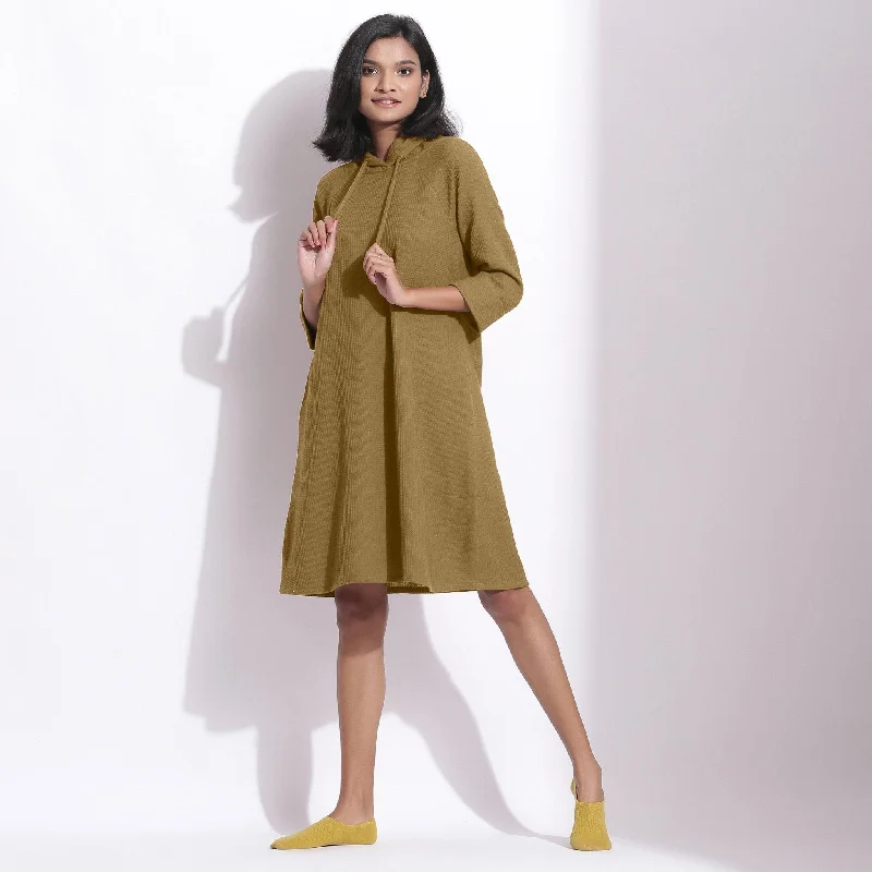 Seasonal Clearance Olive Green Warm Cotton Waffle Knee Length Hoodie Dress