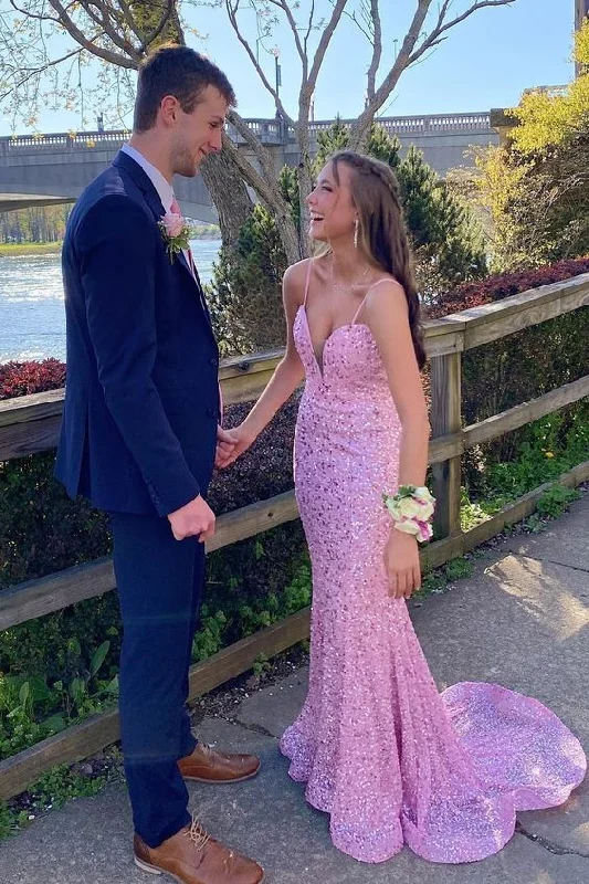 YEAR-End Clearance pleated maxi dressElegant Mermaid Sequin Pink Long Prom Dresses Formal Dress