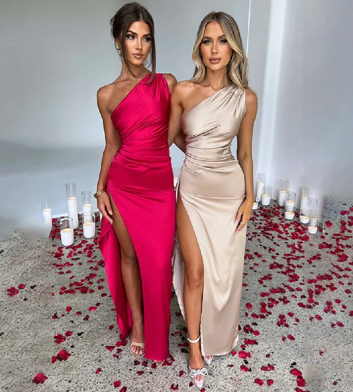Overstock form-fitting dressWomen's 2024 summer One Shoulder Shrink Pleated Split Sexy Satin Dress Slim Solid Color Long Dresses Prom Dresses Overstock form-fitting dressWomen's 2024 summer One Shoulder Shrink Pleated Split Sexy Satin Dress Slim Solid Color Long Dresses Prom Dresses
