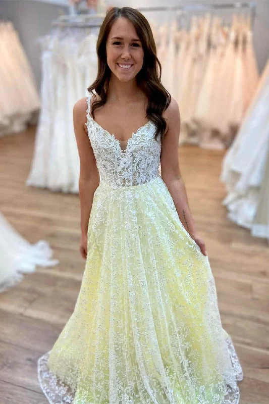 Deal Alert floral wrap dressSpaghetti Straps V-Neck Yellow Lace Long Prom Dress