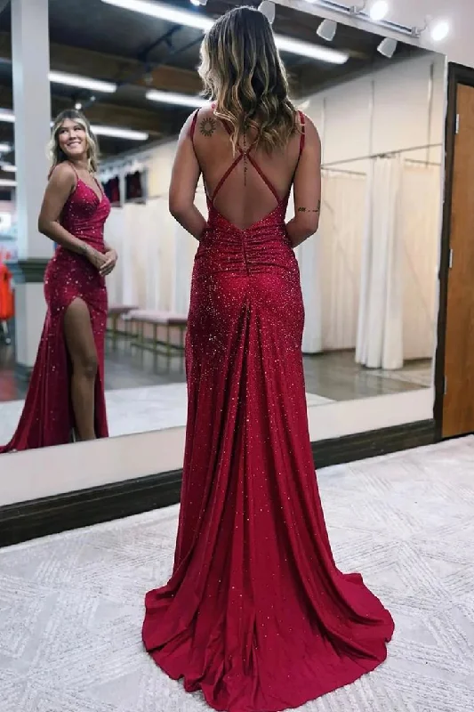 Grand Opening Sale office dressSparkly Dark Red Sheath Long Prom Dress with Slit Y6682