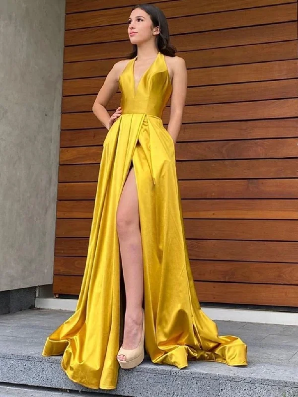 Crazy Savings mini dressHalter V Neck Backless Yellow Long Prom Dresses with High Slit, Backless Yellow Formal Graduation Evening Dresses Crazy Savings mini dressHalter V Neck Backless Yellow Long Prom Dresses with High Slit, Backless Yellow Formal Graduation Evening Dresses