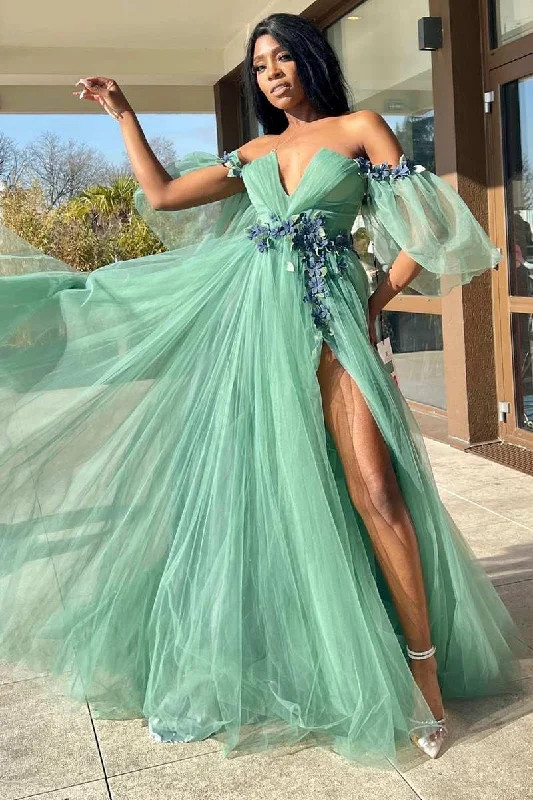 flowy maxi dressGreen Tulle 3D Floral Lace Off-the-Shoulder A-Line Long Prom Dress