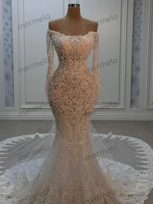 Overstock satin midi dressElegant Off-the-Shoulder Appliques Lace Mermaid Wedding Dress with Chapel Train