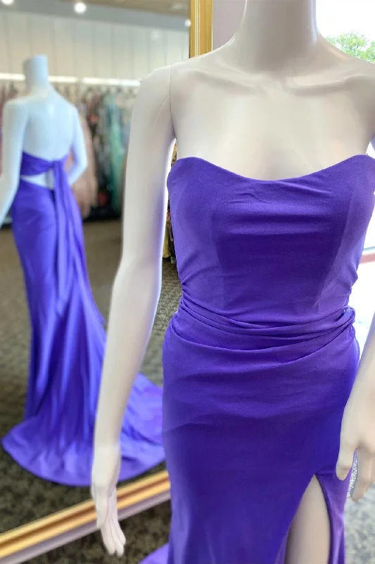 casual knit dressPurple Strapless Tie-Back Mermaid Long Formal Dress with Slit