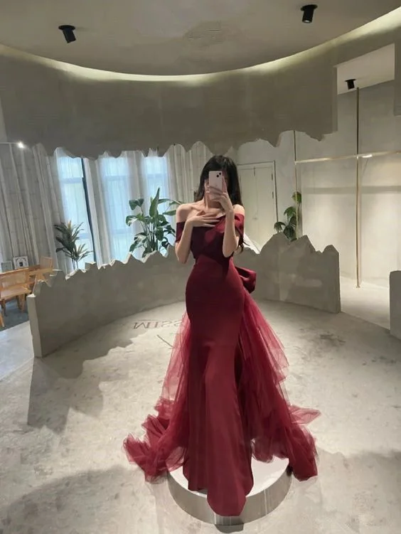 boho-chic dressMermaid Off Shoulder Evening Dress with Bow Burgundy Prom Dress Y7181