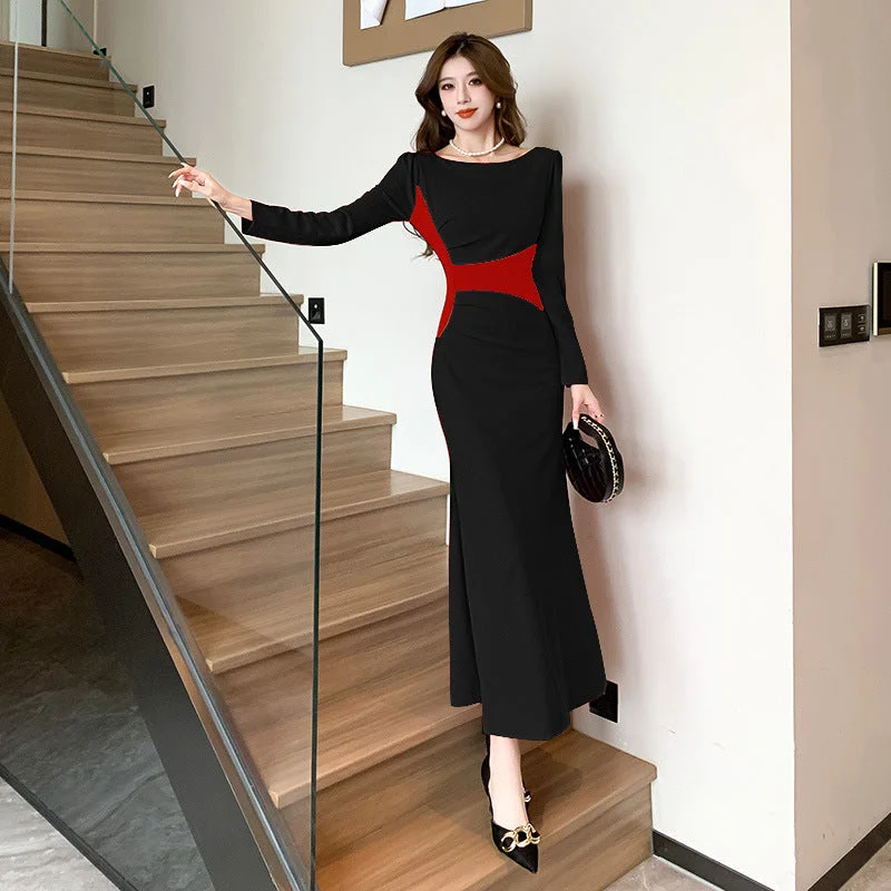 Closeout stylish party dressWomen's High Class Elegant Contrast Color Slim Fit Dress Sheath Fishtail Dress Closeout stylish party dressWomen's High Class Elegant Contrast Color Slim Fit Dress Sheath Fishtail Dress