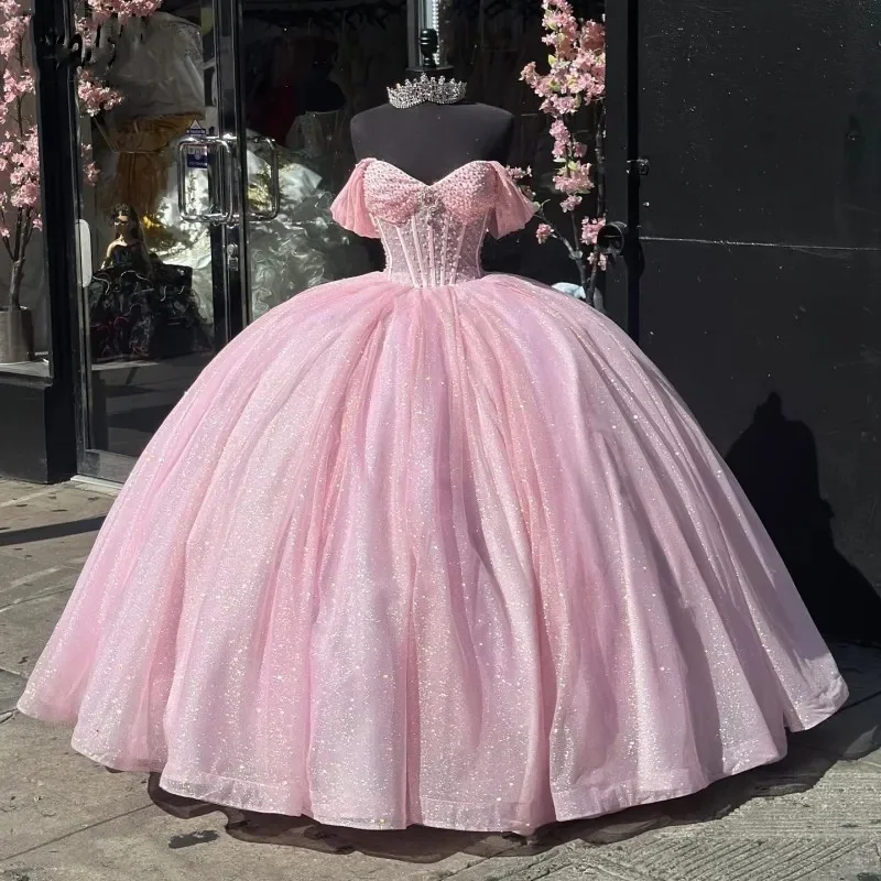 Seasonal Sale long-sleeve floral dressElegant Pink Quinceanera Dresses Beading Sweetheart Sequin Sweet 16 Prom Gowns Shinny Pageant Dress