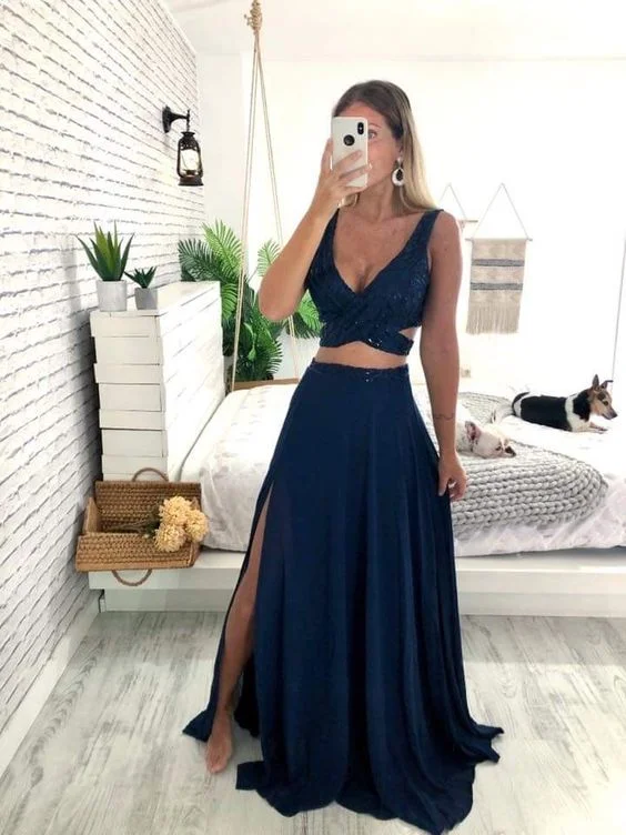 Exclusive Offers trendy wrap dressElegant Two Piece Navy Blue Prom Dress,Graduation Dress  Y7063