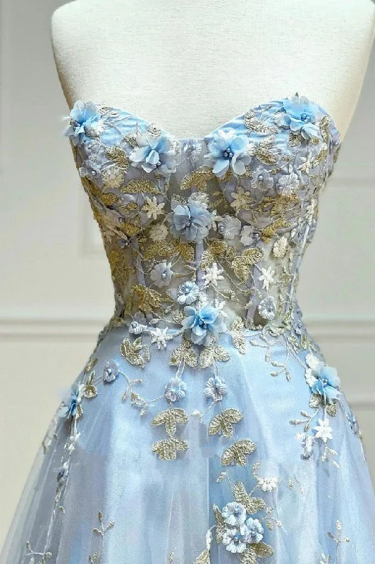 Discount Mania vintage dressBlue Tulle Appliques Long Prom Dress, A-Line Strapless Evening Dress Y6565 Discount Mania vintage dressBlue Tulle Appliques Long Prom Dress, A-Line Strapless Evening Dress Y6565