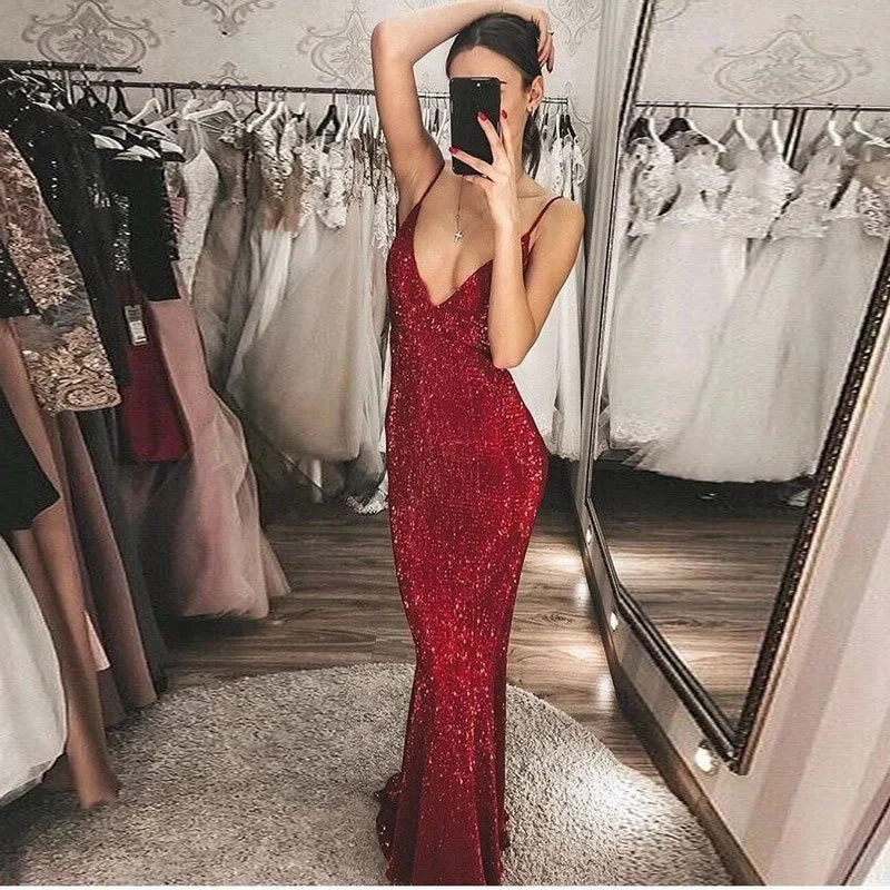 Last Chance ashionable dressSpaghetti Straps Party Gowns Sequin Deep V Fish Tail Slimming Evening Dresses Beach Party Sexy Vestidos De Tricô Femenino Last Chance ashionable dressSpaghetti Straps Party Gowns Sequin Deep V Fish Tail Slimming Evening Dresses Beach Party Sexy Vestidos De Tricô Femenino