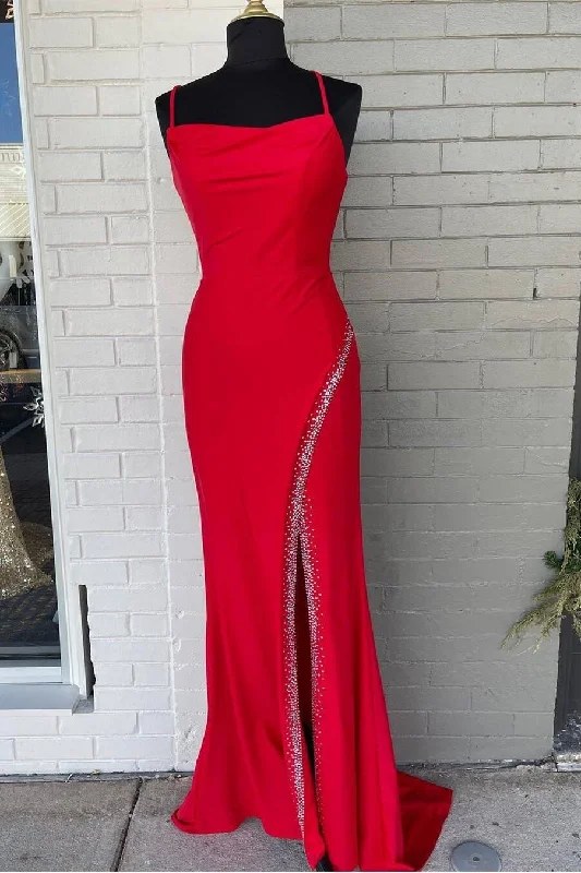 satin dressGorgeous Red Spaghetti Straps Mermaid Long Formal Dress with Sit